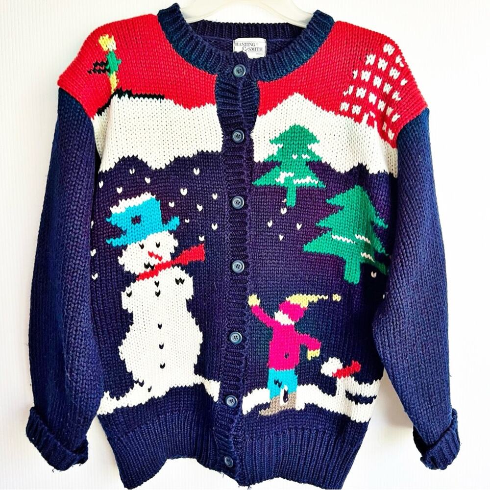 Vintage 80s 90s Hasting & Smith Christmas Winter Snowman Sweater Cardigan
